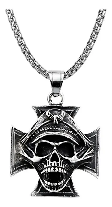 Collar Para Hombres Dije Cráneo Cruz Militar Gotico Calavera