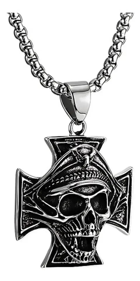 Collar Para Hombres Dije Cráneo Cruz Militar Gotico Calavera
