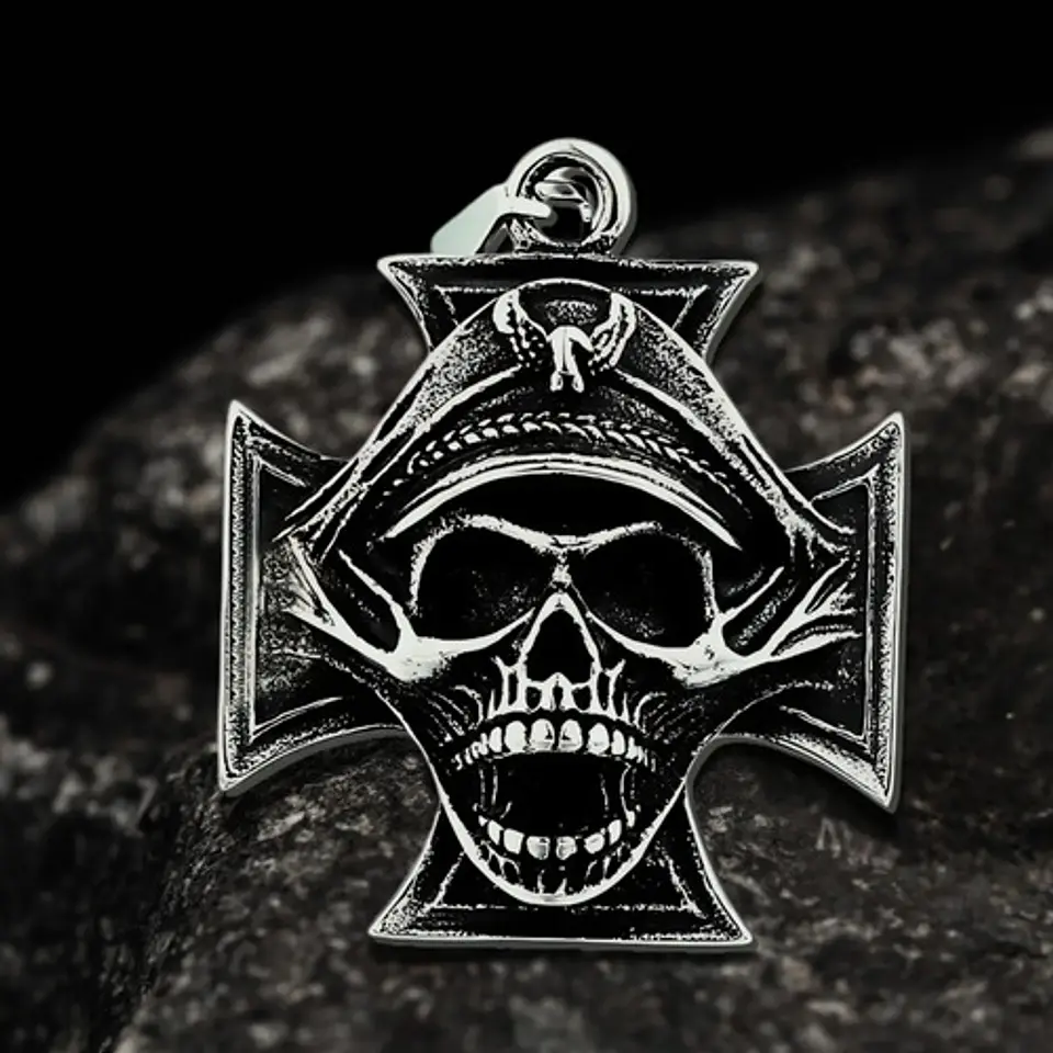 Collar Para Hombres Dije Cráneo Cruz Militar Gotico Calavera 5