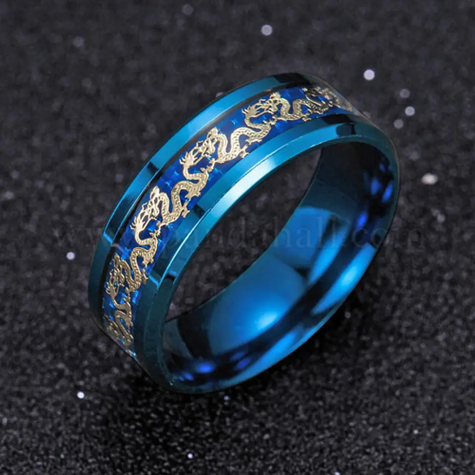 Anillo Argolla Cadena De Dragón Azul Acero Inoxidable Hombre 4