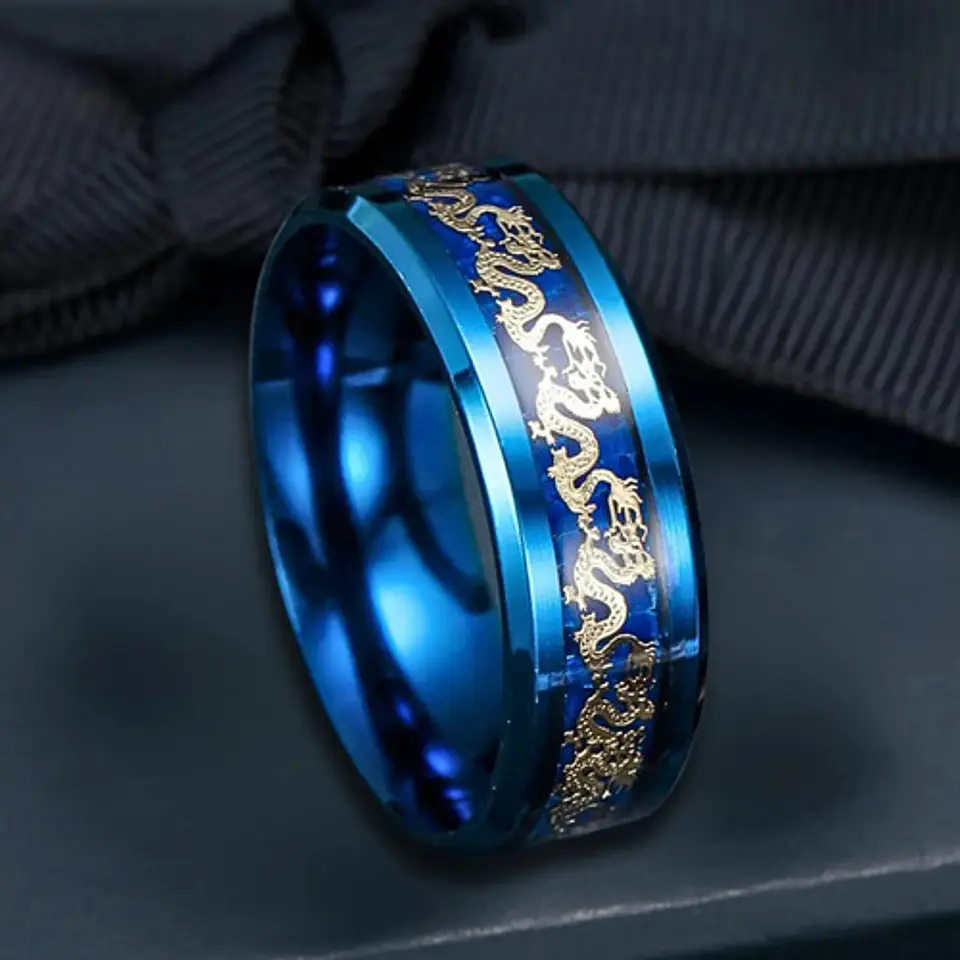 Anillo Argolla Cadena De Dragón Azul Acero Inoxidable Hombre 5