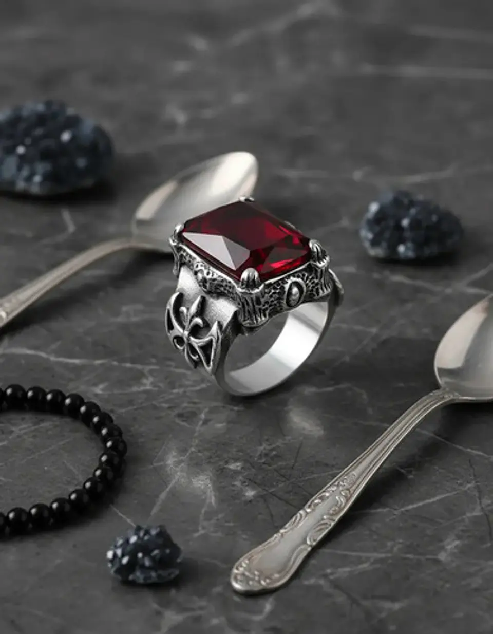 Anillo Vikingo Piedra Acero Inoxidable Color Plata Hombre 4