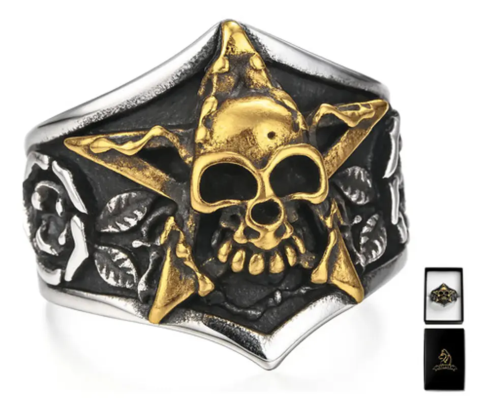 Anillo Pentagrama Cráneo Color Plata Acero Inoxidable Hombre 1