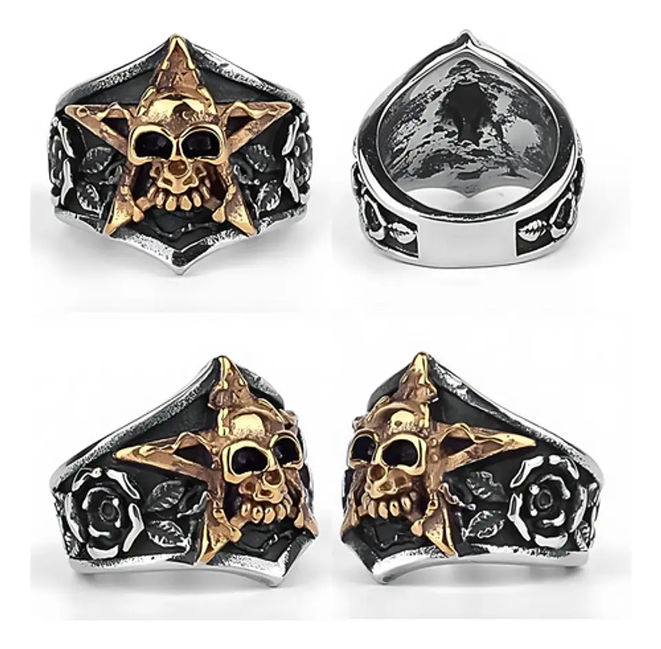 Anillo Pentagrama Cráneo Color Plata Acero Inoxidable Hombre 3