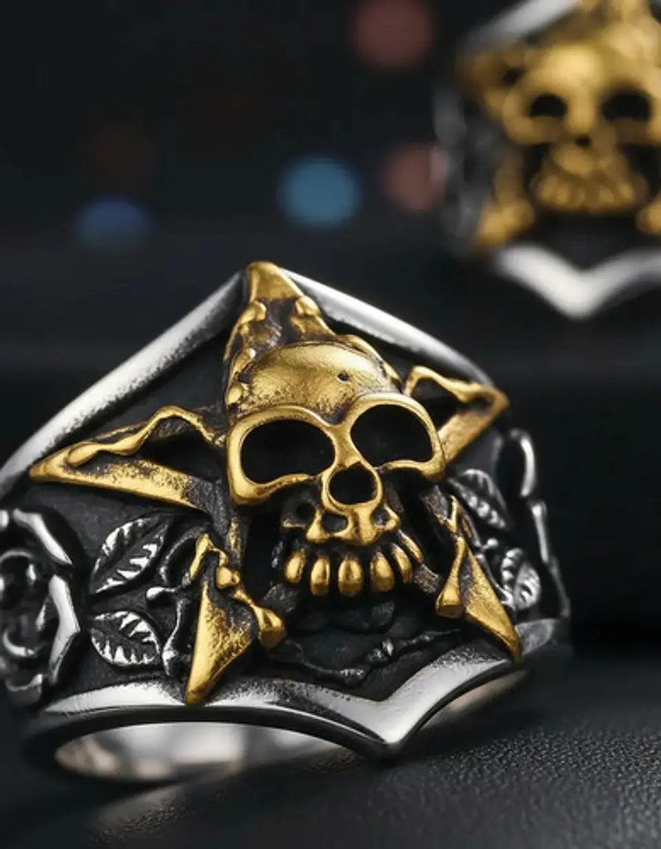 Anillo Pentagrama Cráneo Color Plata Acero Inoxidable Hombre 7