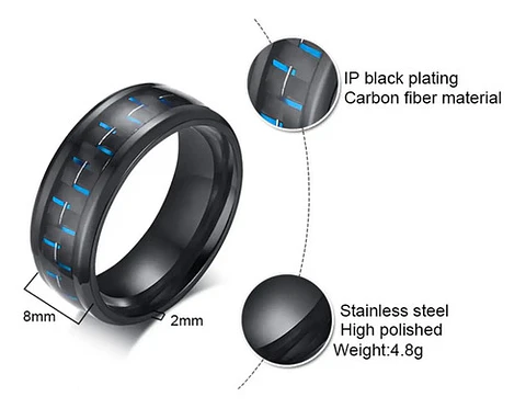 Anillo Argolla Fibra Carbon Negro Acero Inoxidable Hombre