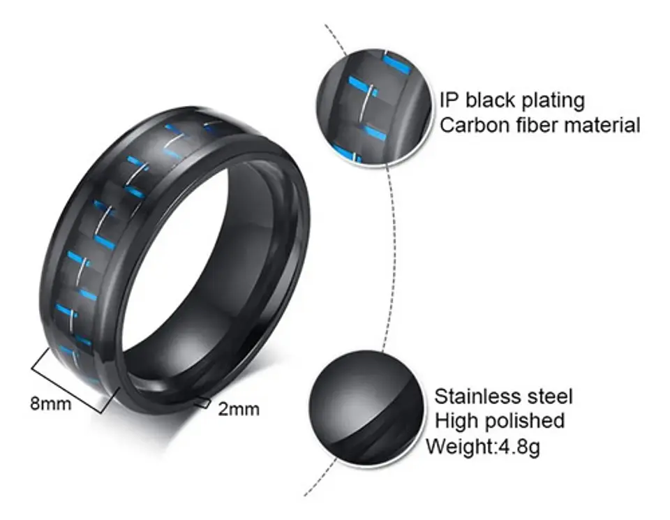 Anillo Argolla Fibra Carbon Negro Acero Inoxidable Hombre 2