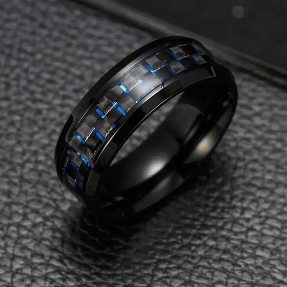 Anillo Argolla Fibra Carbon Negro Acero Inoxidable Hombre 4