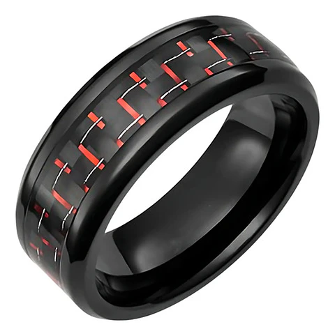 Anillo Argolla Fibra Carbon Rojo Acero Inoxidable Hombre