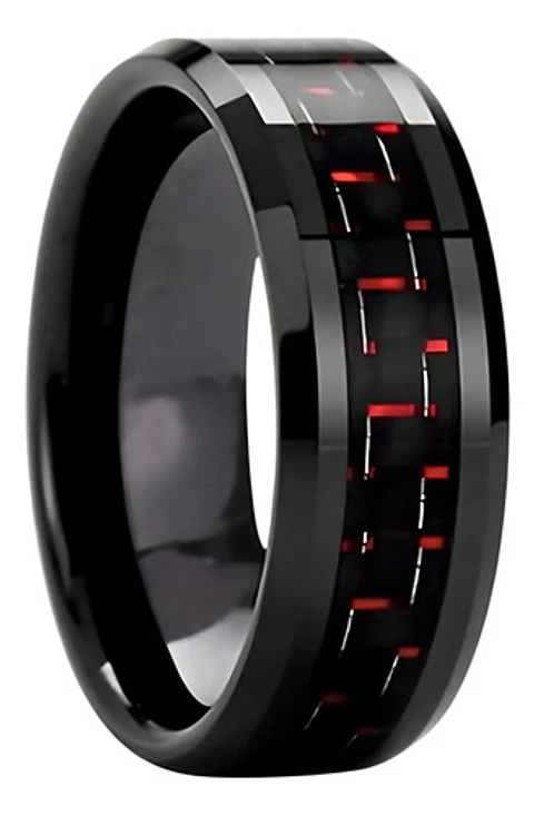 Anillo Argolla Fibra Carbon Rojo Acero Inoxidable Hombre