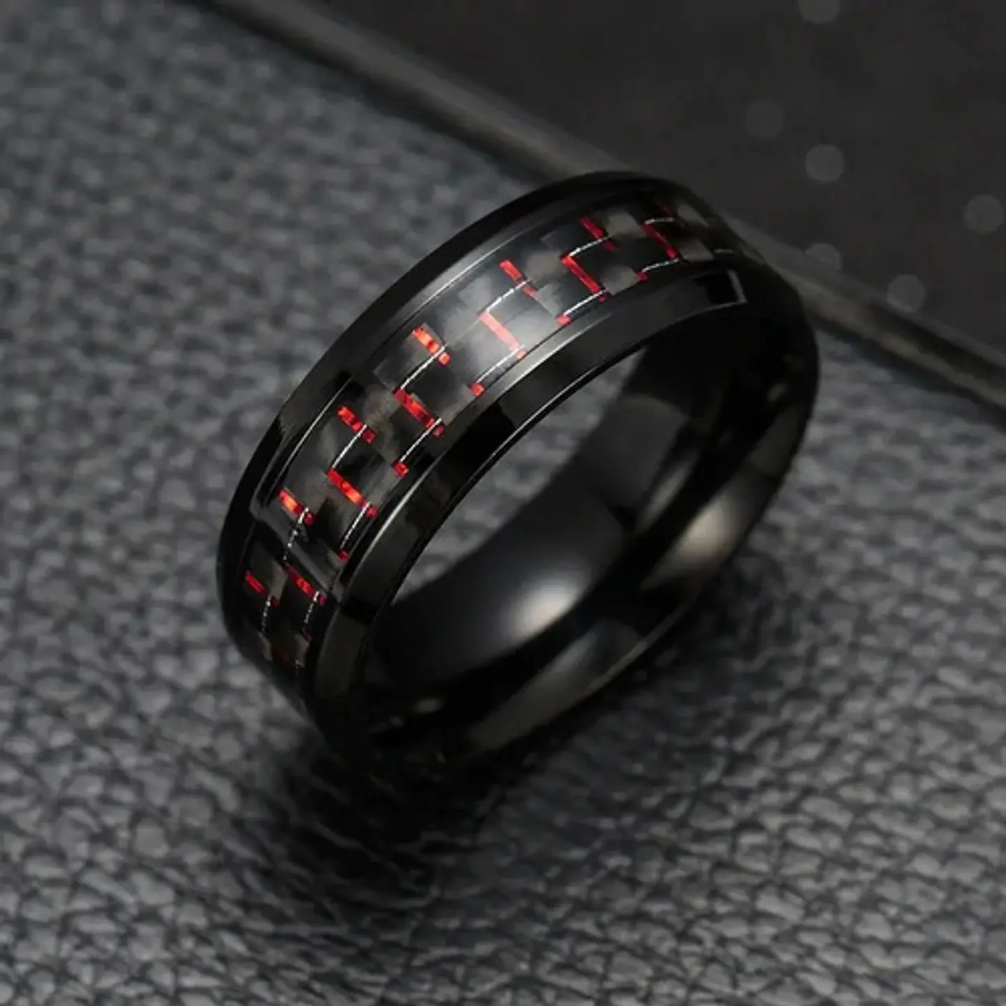 Anillo Argolla Fibra Carbon Rojo Acero Inoxidable Hombre 6