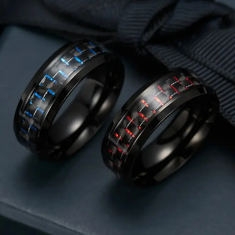 Anillo Argolla Fibra Carbon Rojo Acero Inoxidable Hombre 7