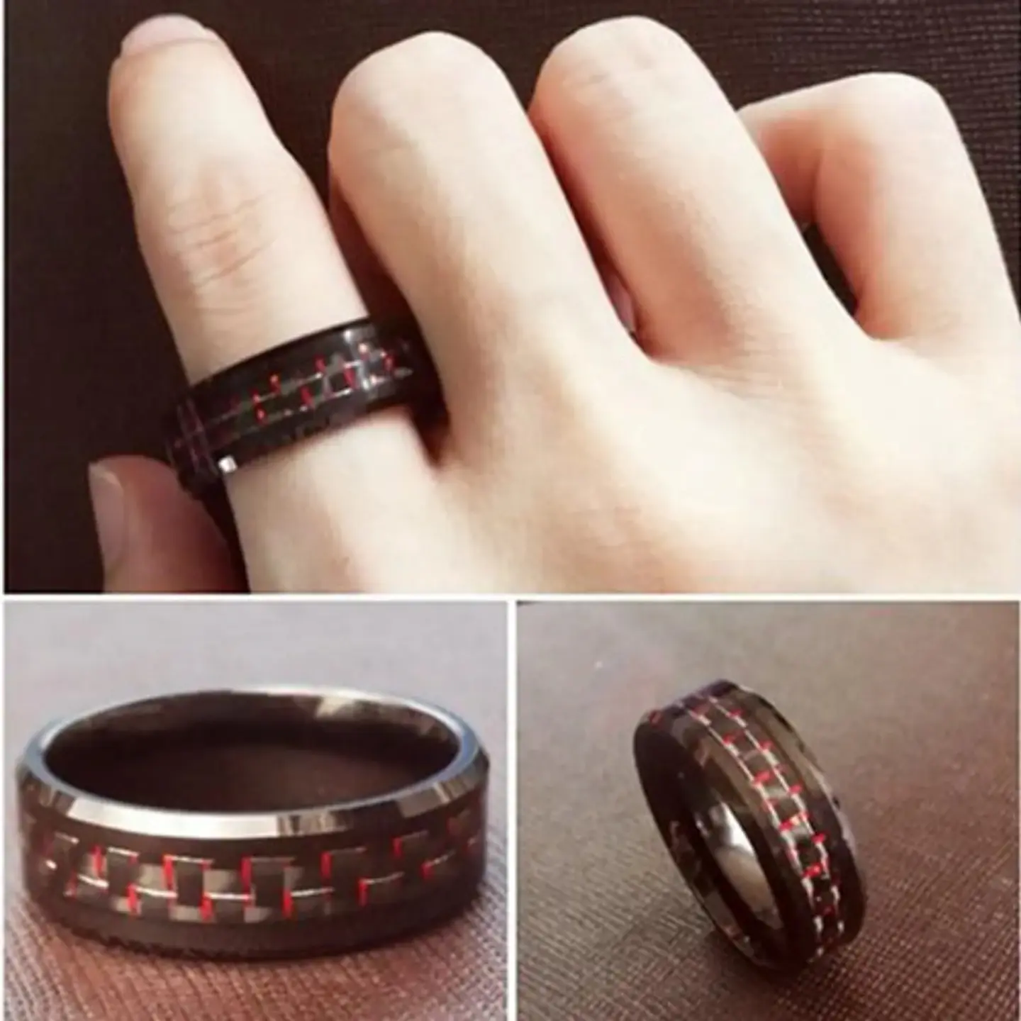Anillo Argolla Fibra Carbon Rojo Acero Inoxidable Hombre 8