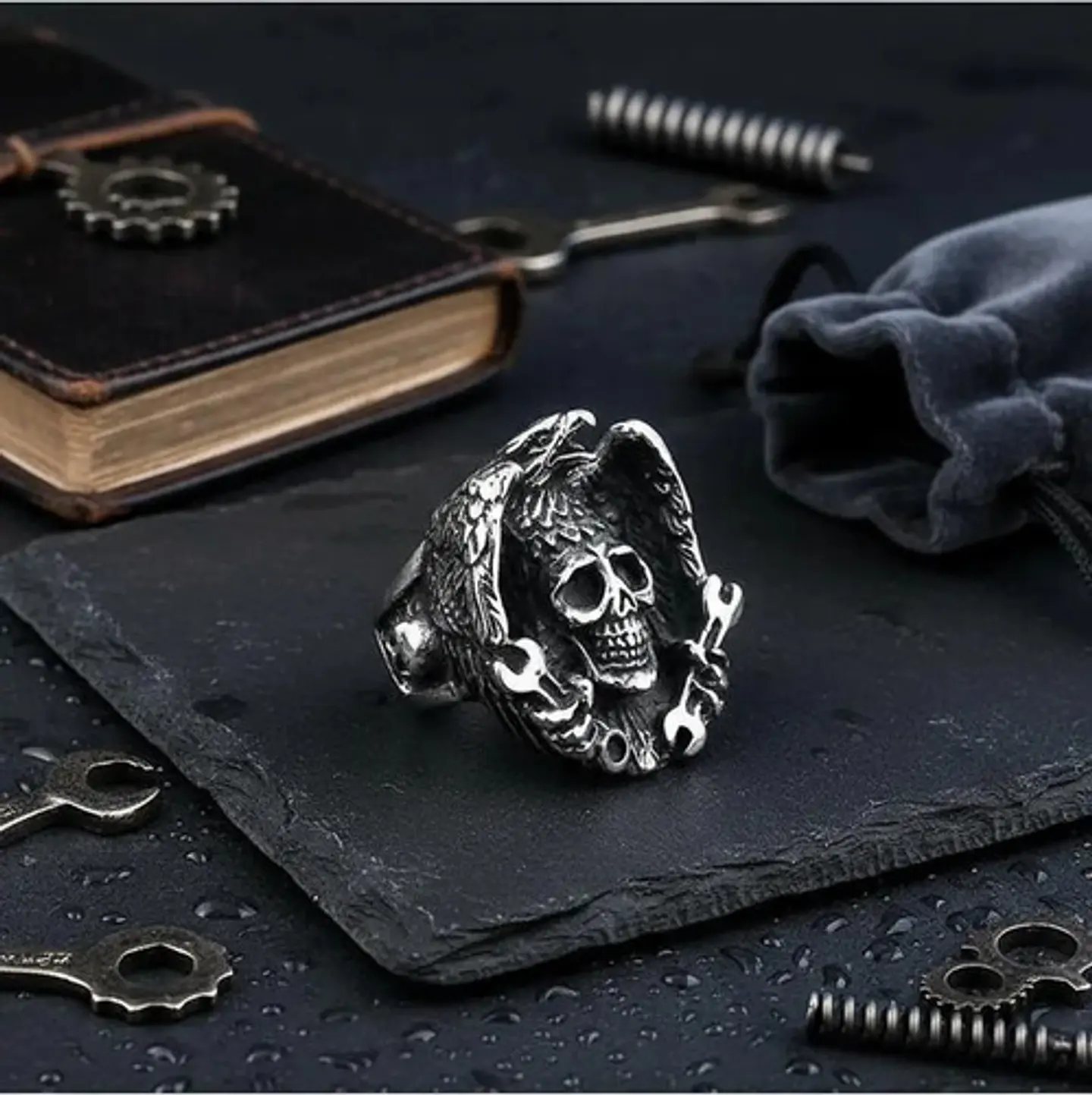 Anillo Para Hombre Forma Águila Cráneo Gótico Biker De Acero 5