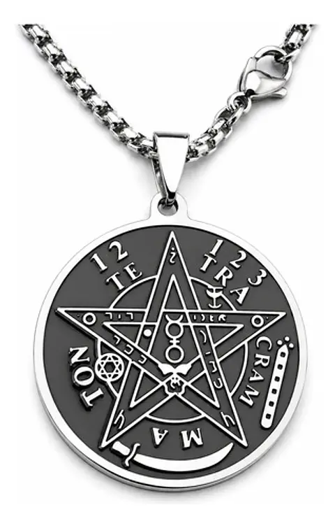 Collar De Acero Para Hombres Dije Pentagrama Tetragramaton Plateado