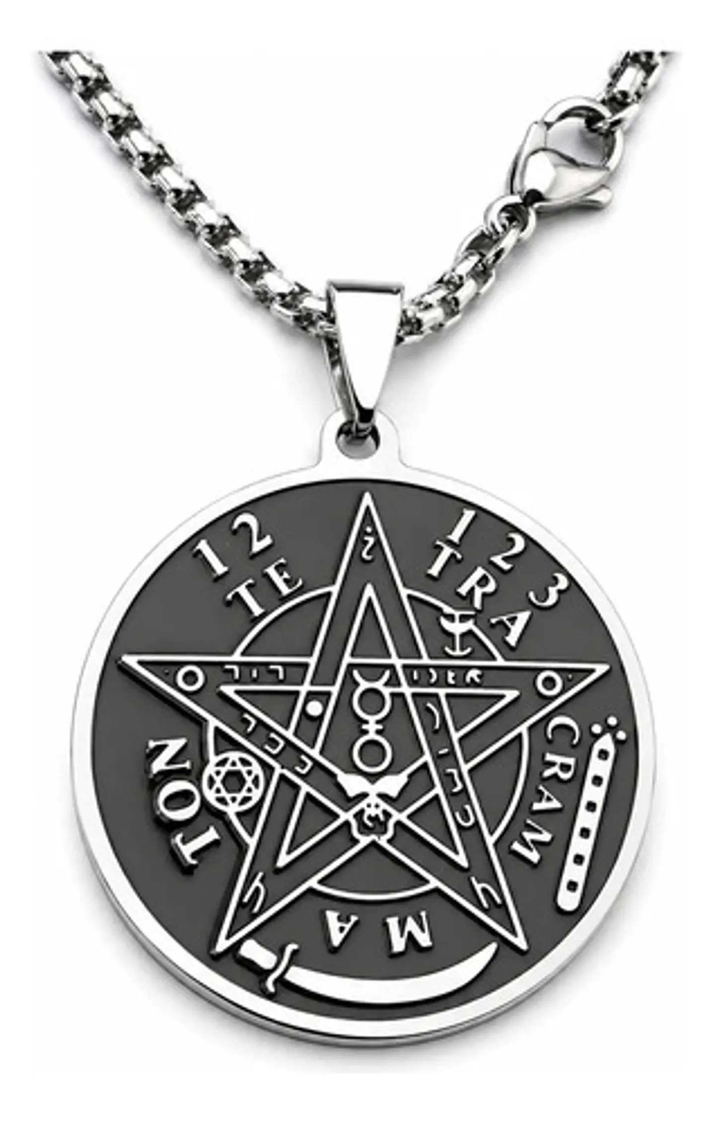 Collar De Acero Para Hombres Dije Pentagrama Tetragramaton Plateado 1