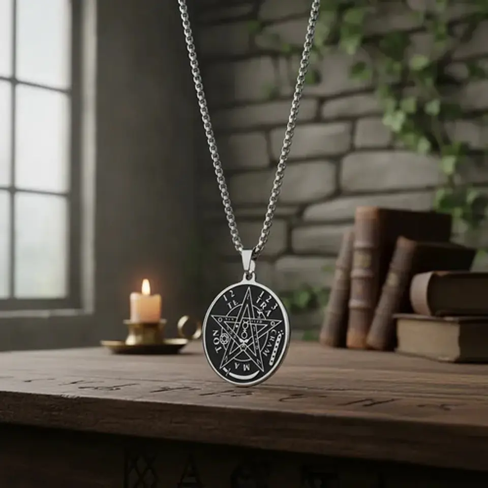 Collar De Acero Para Hombres Dije Pentagrama Tetragramaton Plateado 2