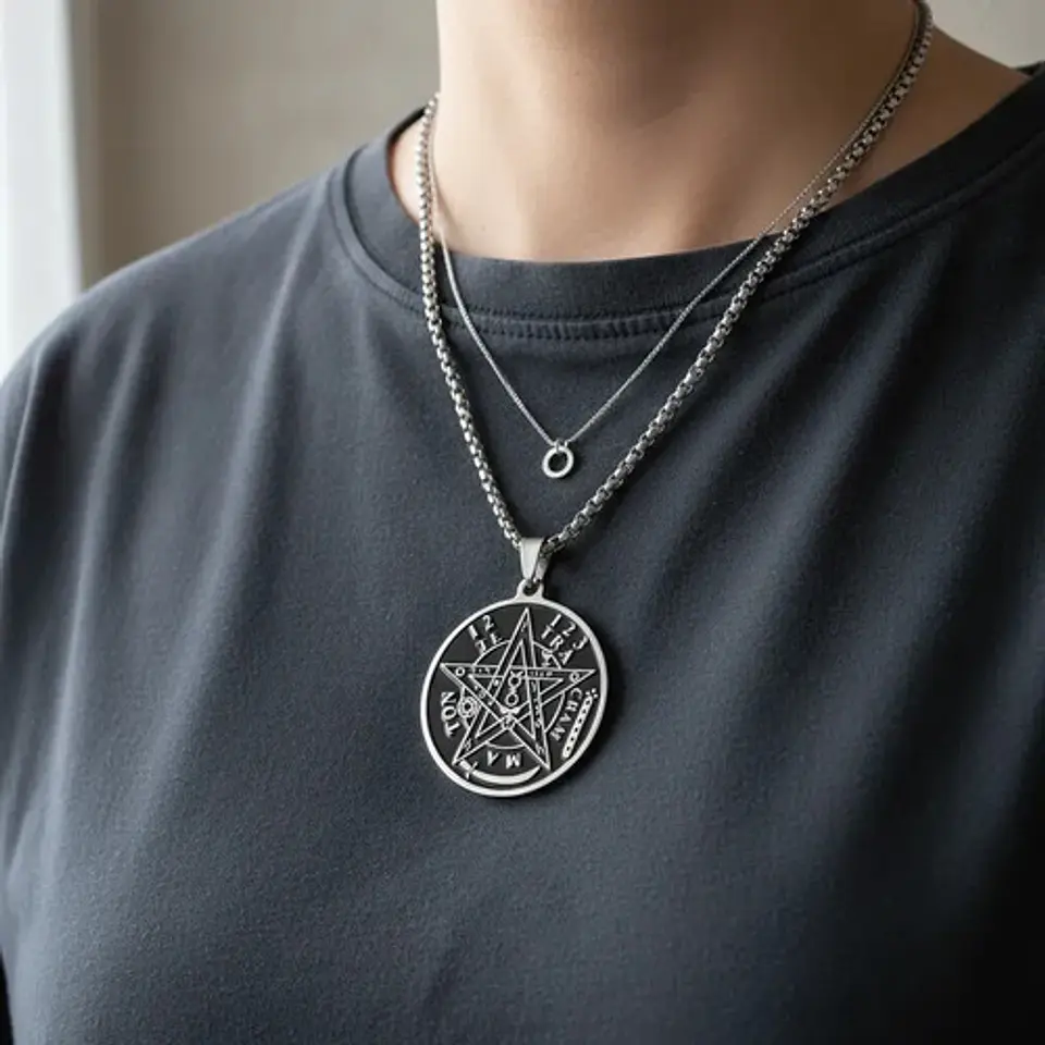 Collar De Acero Para Hombres Dije Pentagrama Tetragramaton Plateado 3