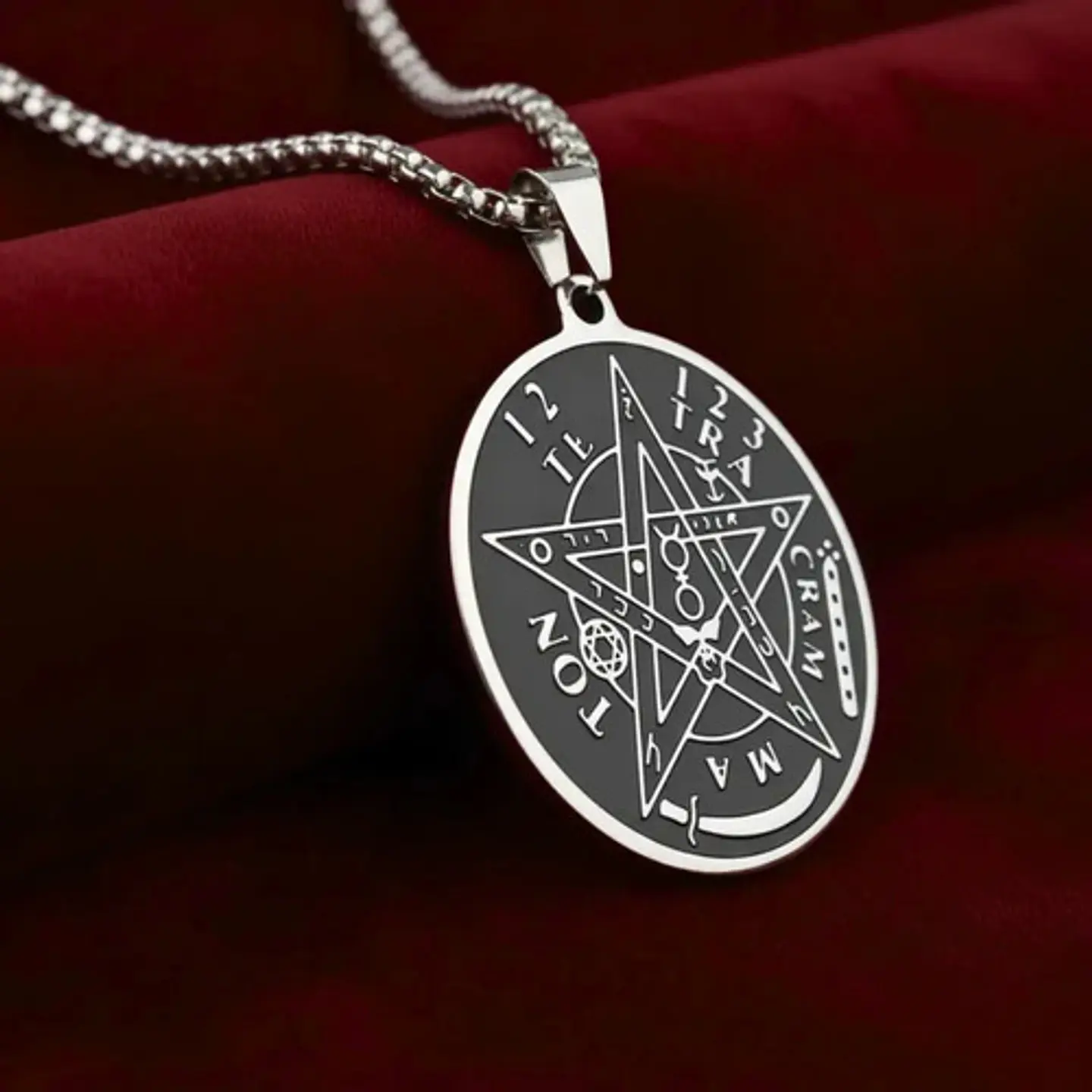 Collar De Acero Para Hombres Dije Pentagrama Tetragramaton Plateado 6