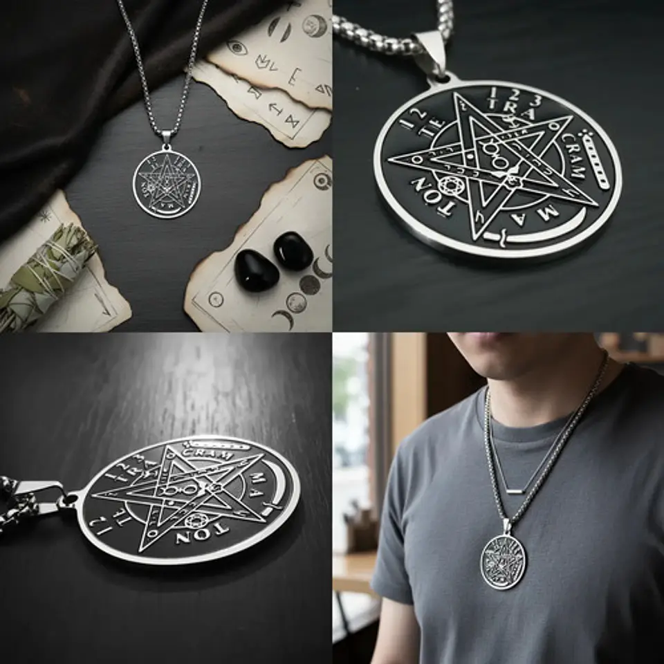 Collar De Acero Para Hombres Dije Pentagrama Tetragramaton Plateado 10