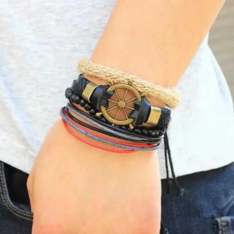 Manilla Pulsera Brazalete Timón Cuero 4 Unds Hombre Mujer