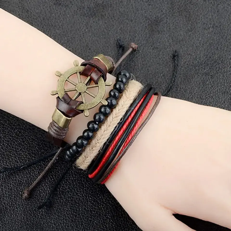 Manilla Pulsera Brazalete Timón Cuero 4 Unds Hombre Mujer 3