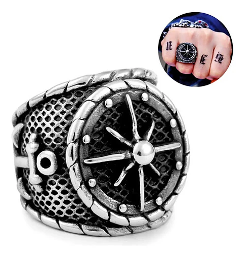 Anillo Brújula Vikingo Color Plata Acero Inoxidable Hombre