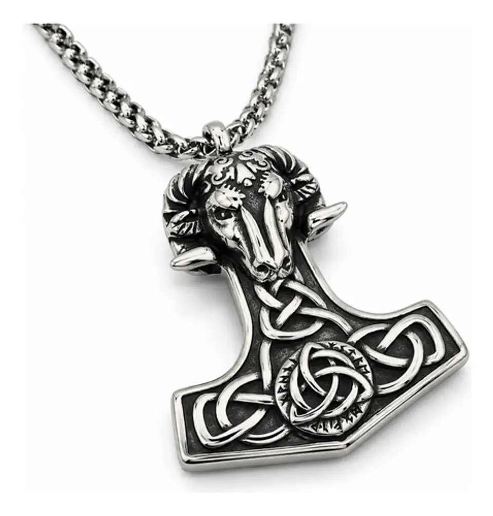 Collar Amuleto Vikingo En Acero Hombre Dije Heidrun Carnero 1