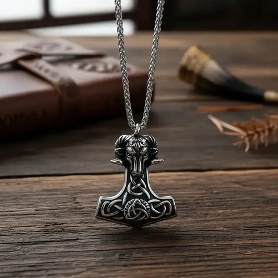 Collar Amuleto Vikingo En Acero Hombre Dije Heidrun Carnero 6