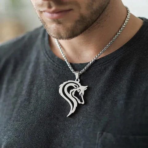 Collar Vikingo Acero Para Hombres Dije Lobo Nórdico Amuleto