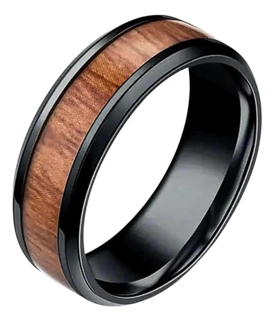 Anillo Acero Inoxidable Color Oro Madera Para Hombre Mujer 1