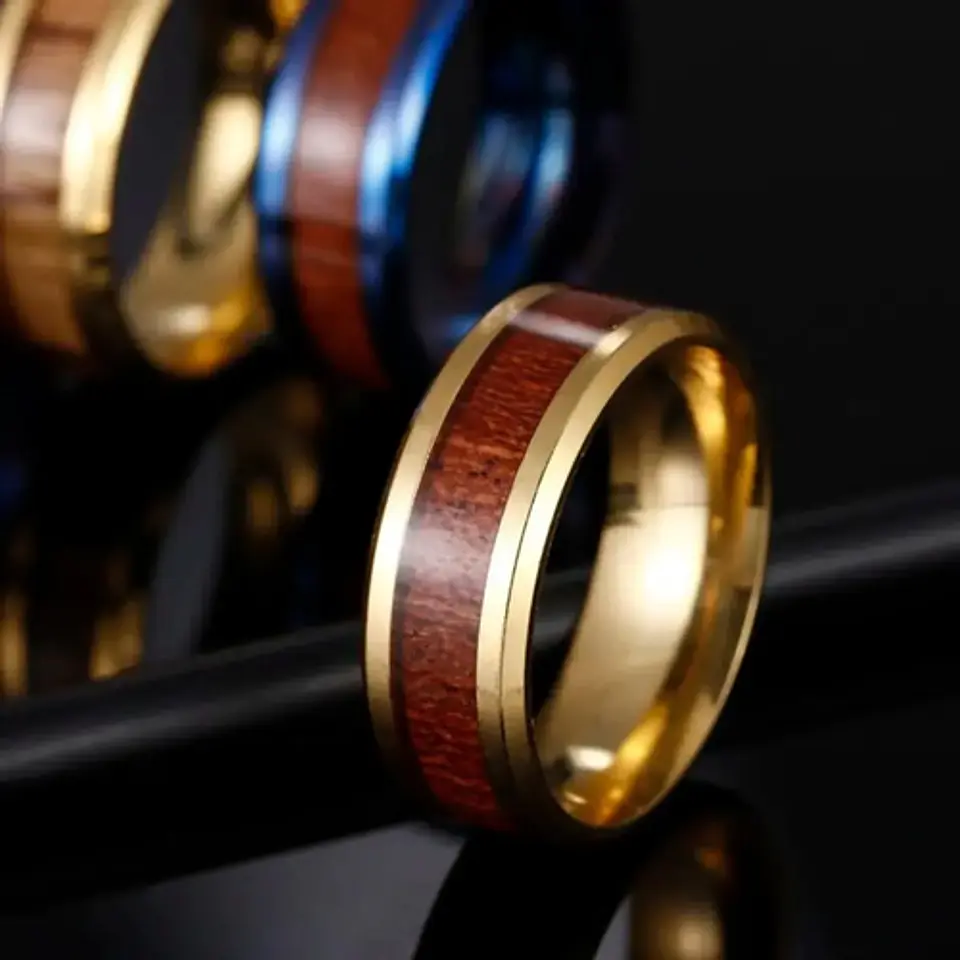 Anillo Acero Inoxidable Color Oro Madera Para Hombre Mujer 6