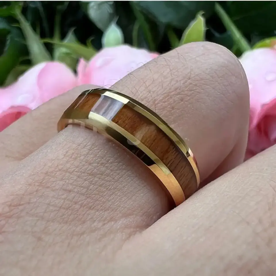 Anillo Acero Inoxidable Color Oro Madera Para Hombre Mujer 9