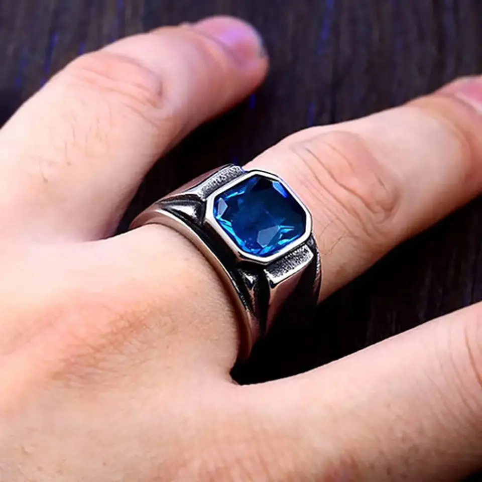 Anillo Argolla Acero Inoxidable Color Plata Piedra Hombre 6
