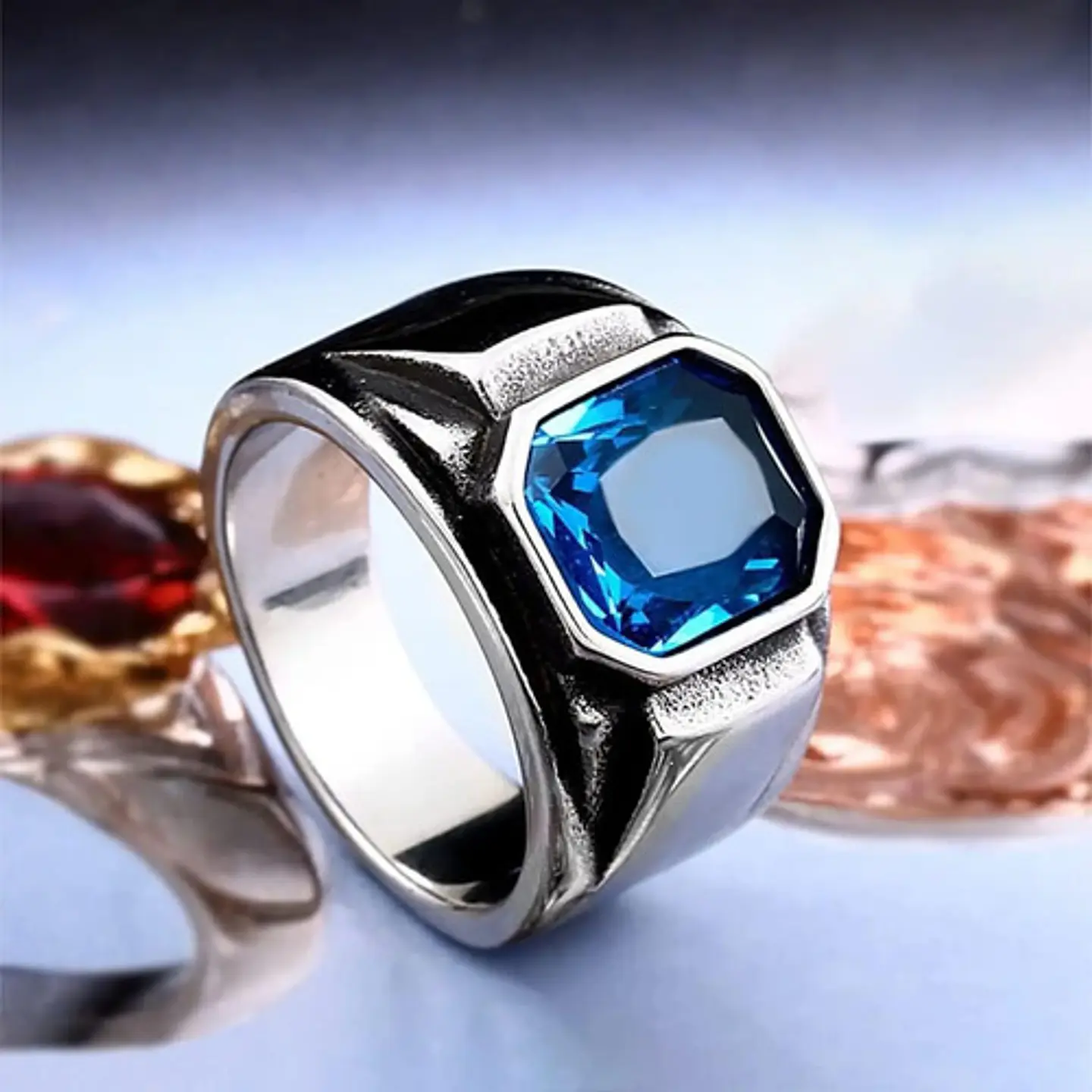Anillo Argolla Acero Inoxidable Color Plata Piedra Hombre 7