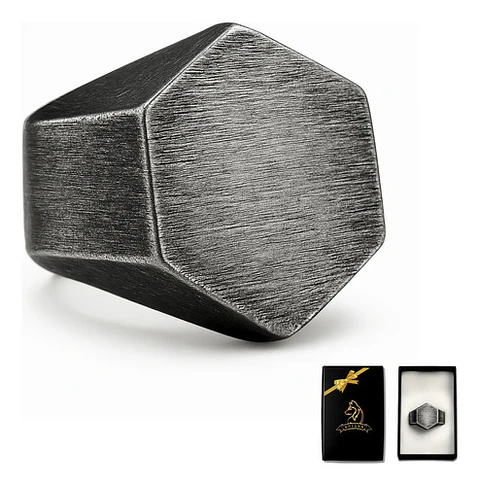 Anillo Hombre Hexagonal Geométrico Polaco Color Plata Acero