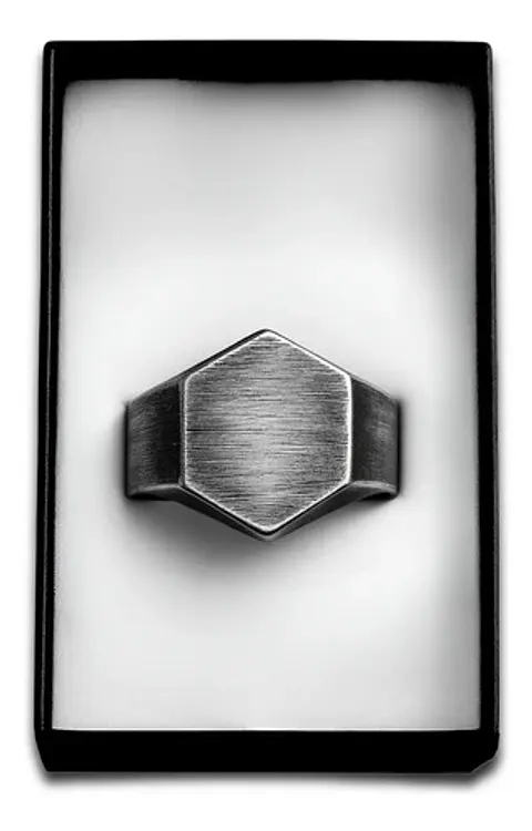 Anillo Hombre Hexagonal Geométrico Polaco Color Plata Acero