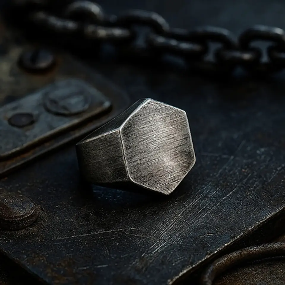 Anillo Hombre Hexagonal Geométrico Polaco Color Plata Acero 3