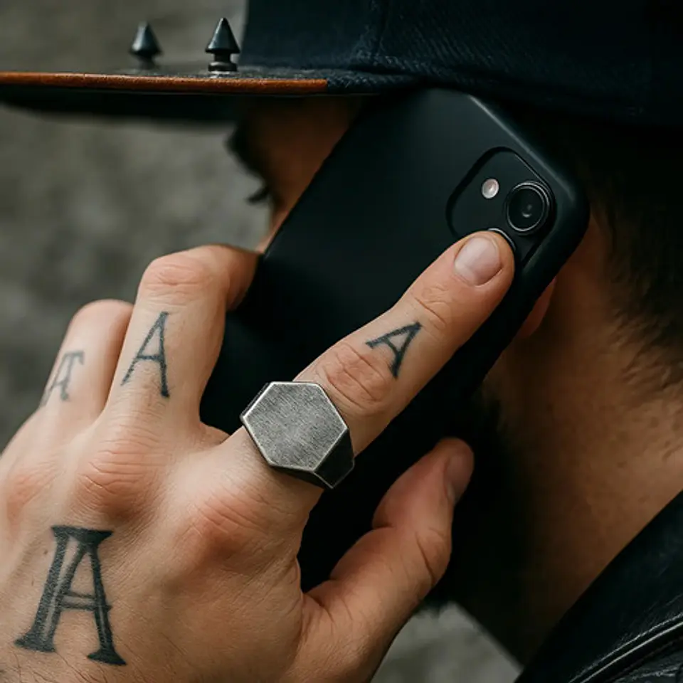 Anillo Hombre Hexagonal Geométrico Polaco Color Plata Acero 6