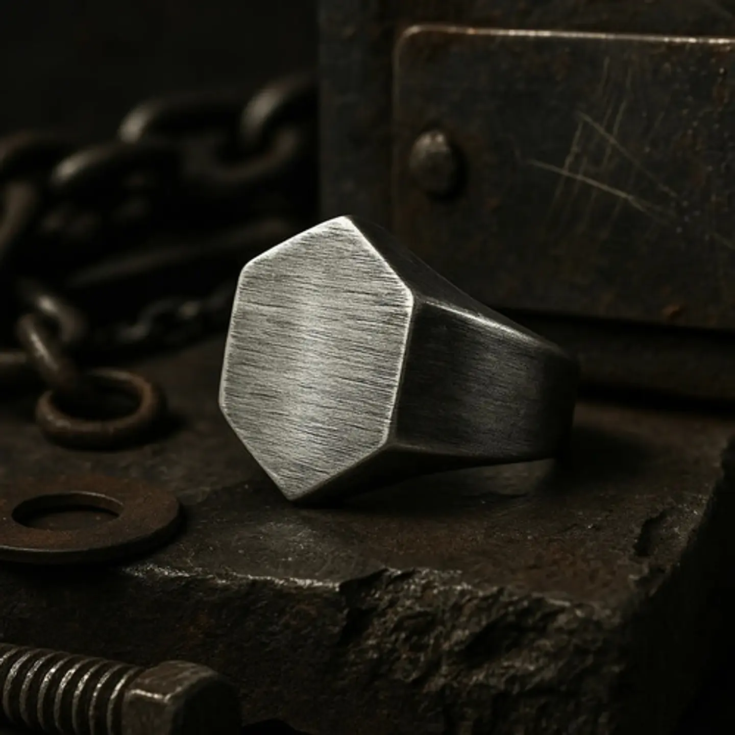 Anillo Hombre Hexagonal Geométrico Polaco Color Plata Acero 7