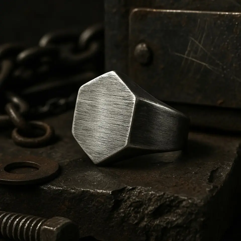 Anillo Hombre Hexagonal Geométrico Polaco Color Plata Acero 7