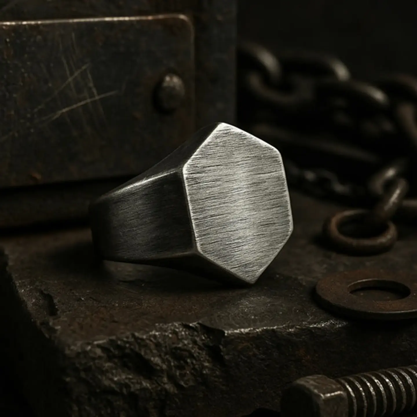 Anillo Hombre Hexagonal Geométrico Polaco Color Plata Acero 8
