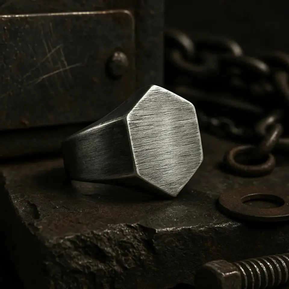Anillo Hombre Hexagonal Geométrico Polaco Color Plata Acero 8