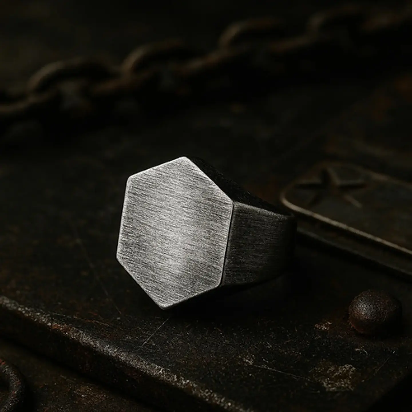 Anillo Hombre Hexagonal Geométrico Polaco Color Plata Acero 9