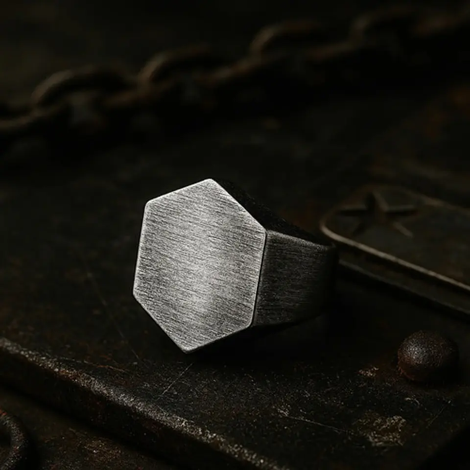 Anillo Hombre Hexagonal Geométrico Polaco Color Plata Acero 9