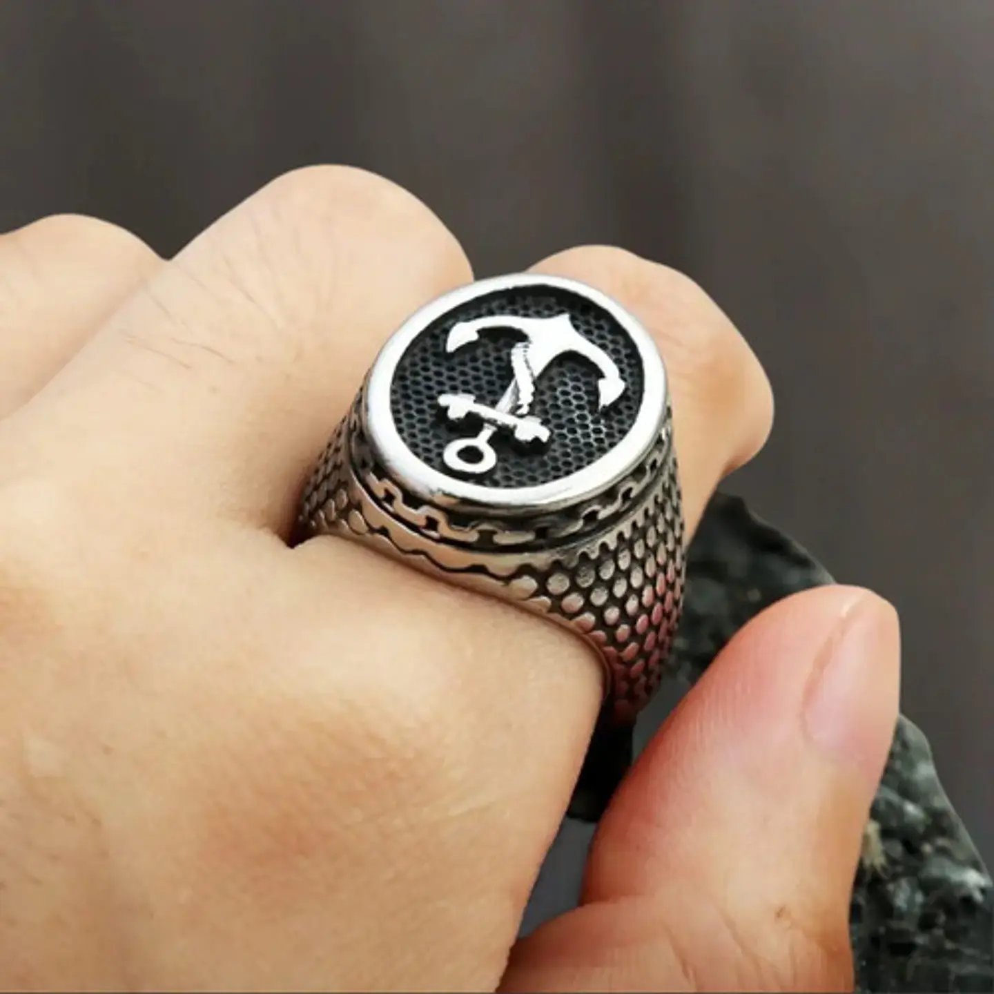 Anillo Militar Ancla Color Plata Acero Inoxidable Hombre 6
