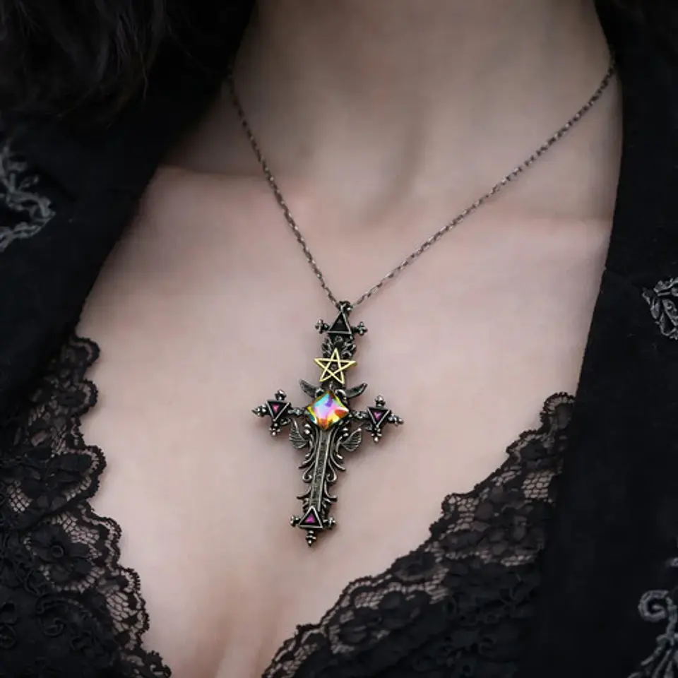 Collar Cruz Pentagrama Gótico Cristal Cz Para Hombre Mujer  3