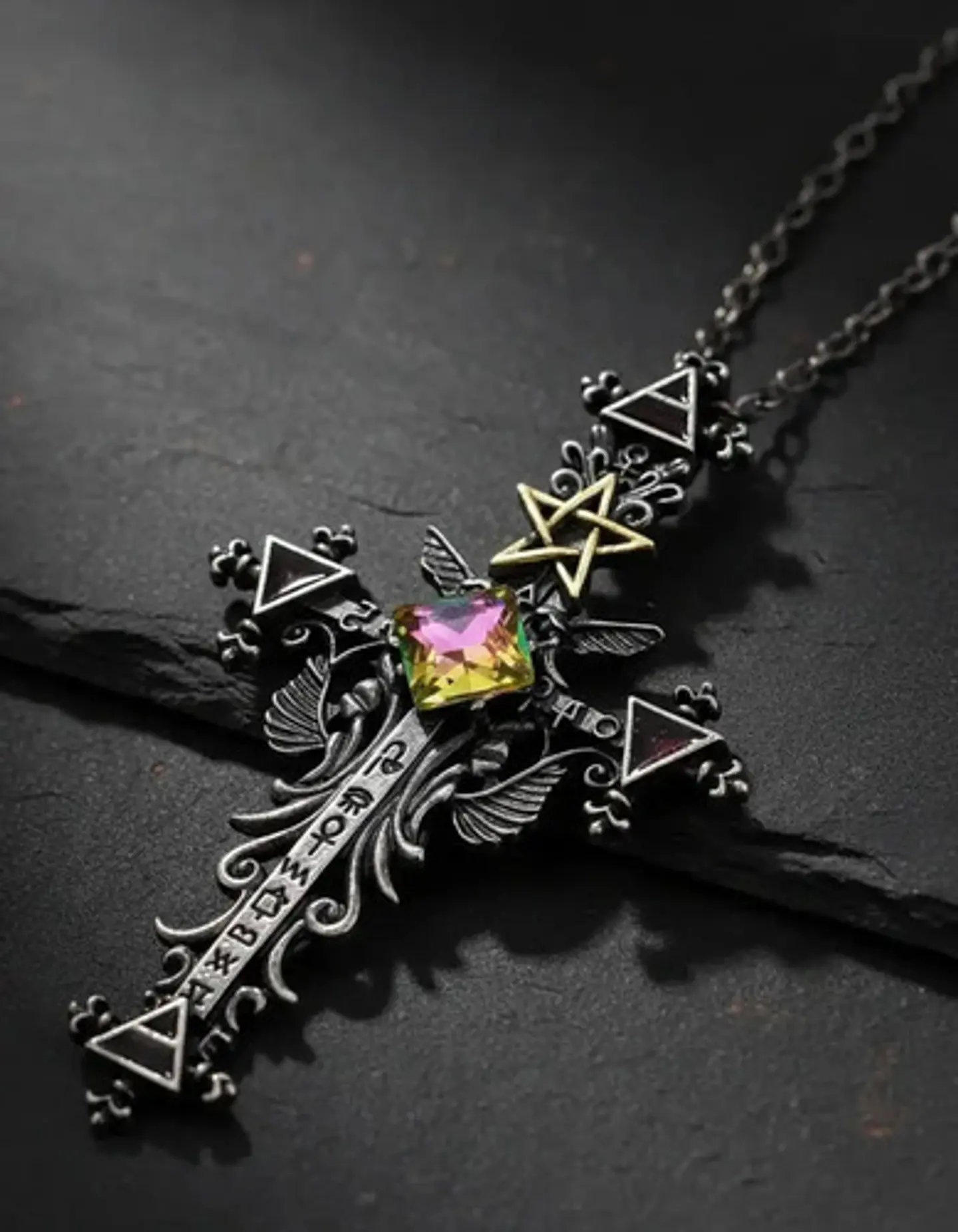 Collar Cruz Pentagrama Gótico Cristal Cz Para Hombre Mujer  5