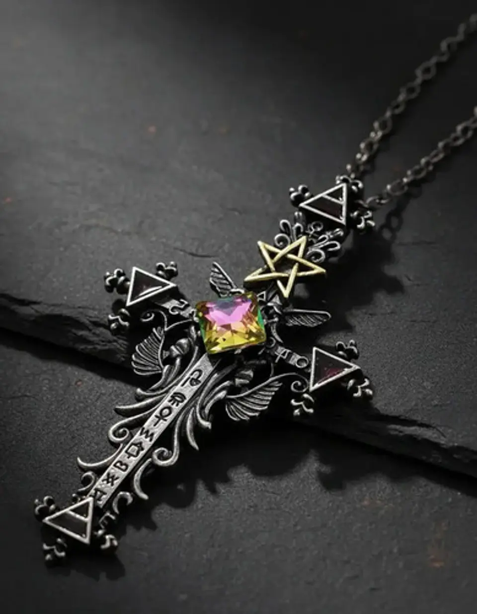 Collar Cruz Pentagrama Gótico Cristal Cz Para Hombre Mujer  5