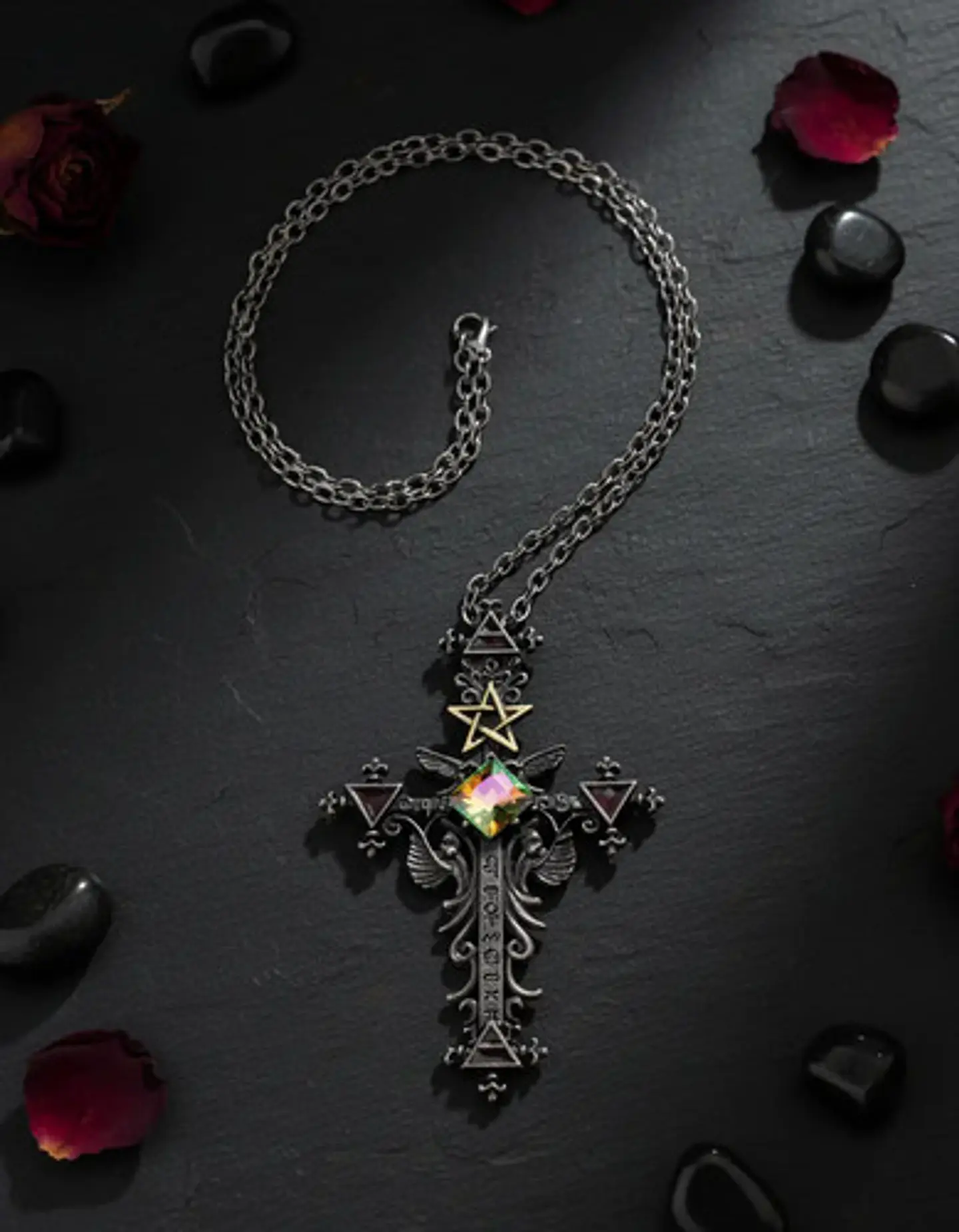 Collar Cruz Pentagrama Gótico Cristal Cz Para Hombre Mujer  6